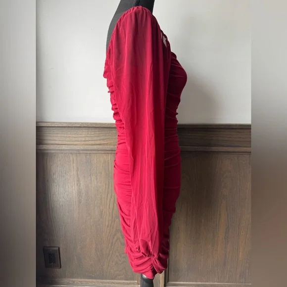 Elegan Darkt Red Long Sleeve Ruched Bodycon Dress Medium NWT - Picture 4 of 7